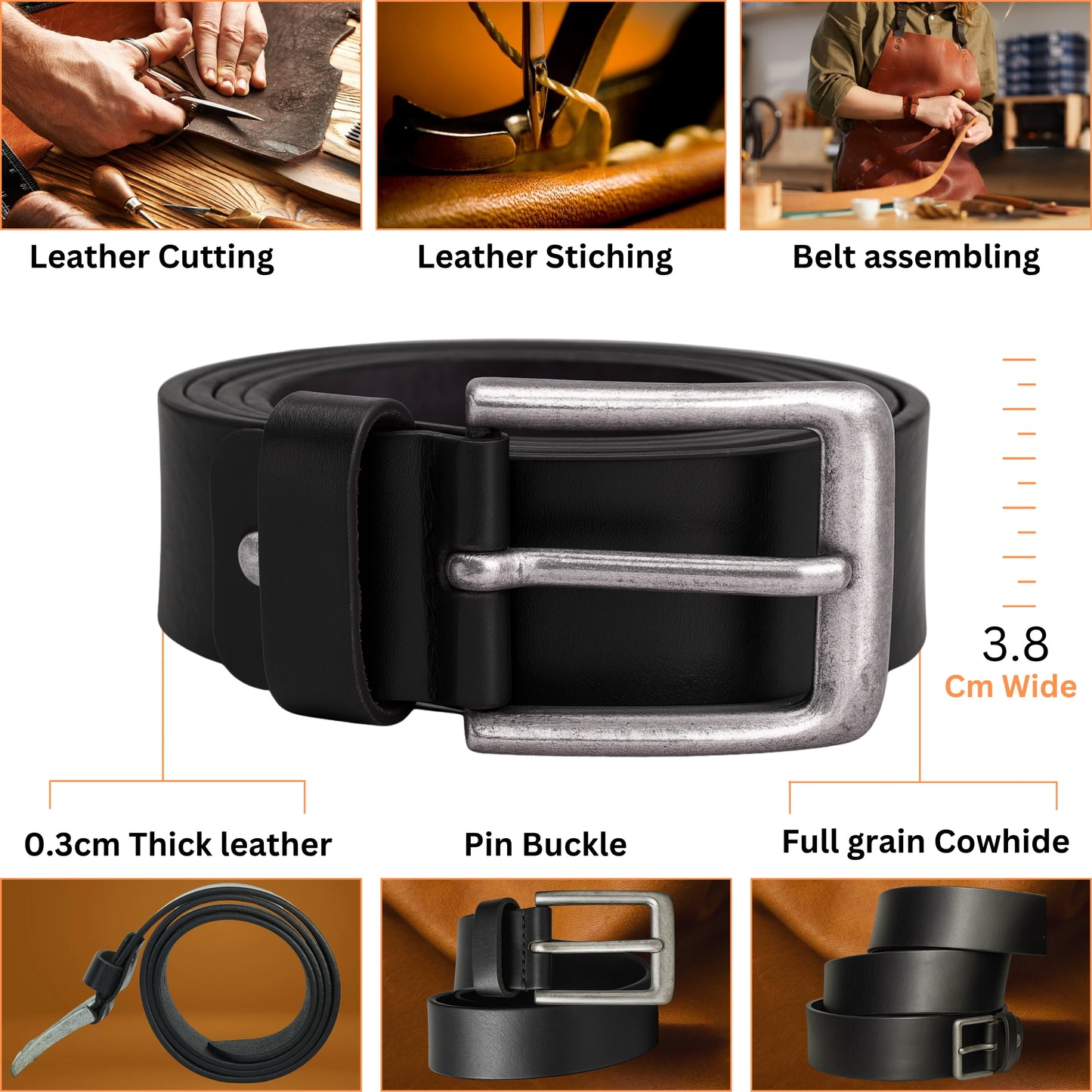 Black Full Grain Leather Belt for Men By Yousha Elia