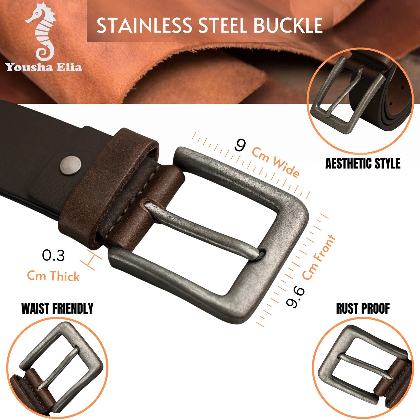 Yousha Elia Men's 3.8cm Full-Grain Leather Belt – Brown & Black