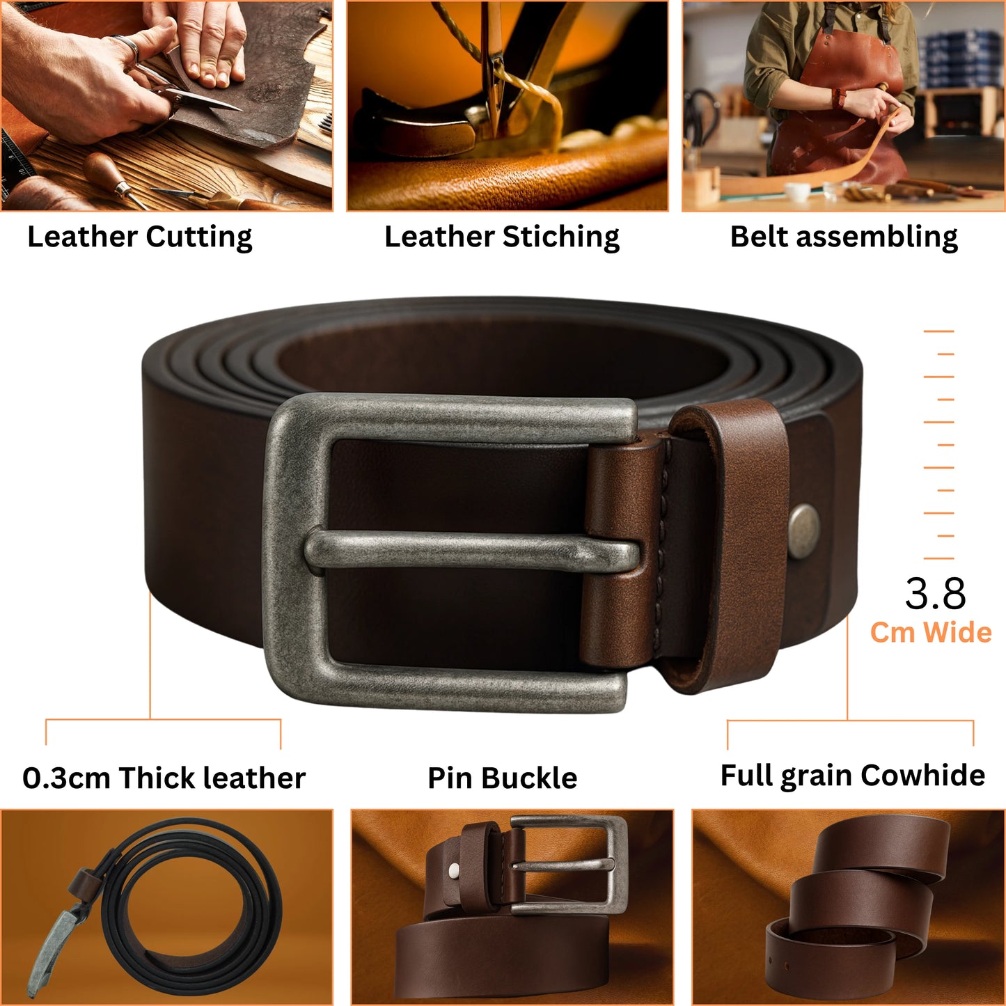 Yousha Elia Men's 3.8cm Full-Grain Leather Belt – Brown & Black