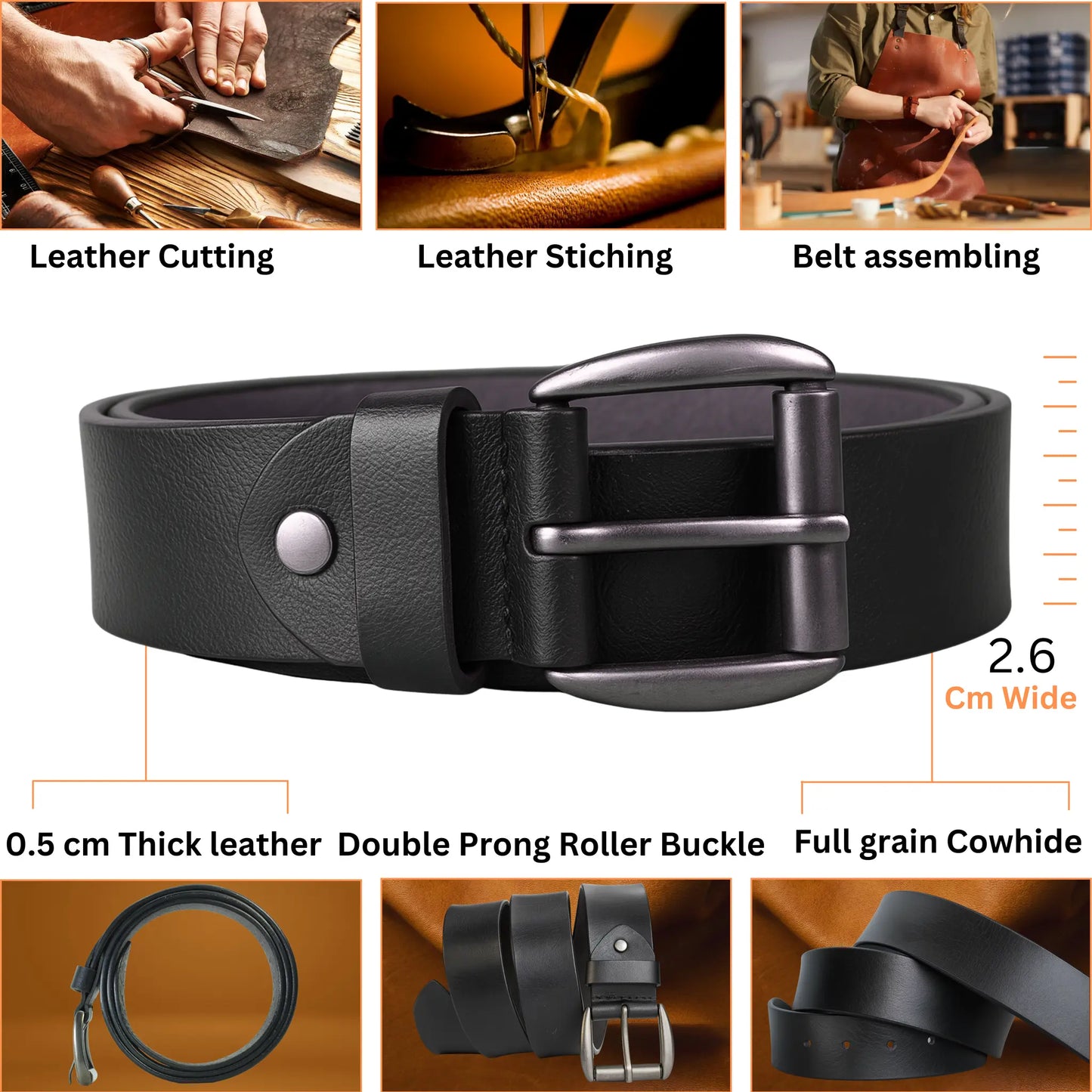 Men's belt genuine leather 38mm black – full grain leather jeans belt business