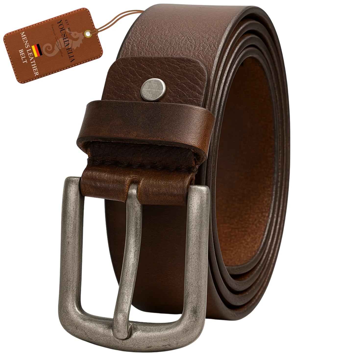men's full grain brown leather belt for men with classic metal buckle