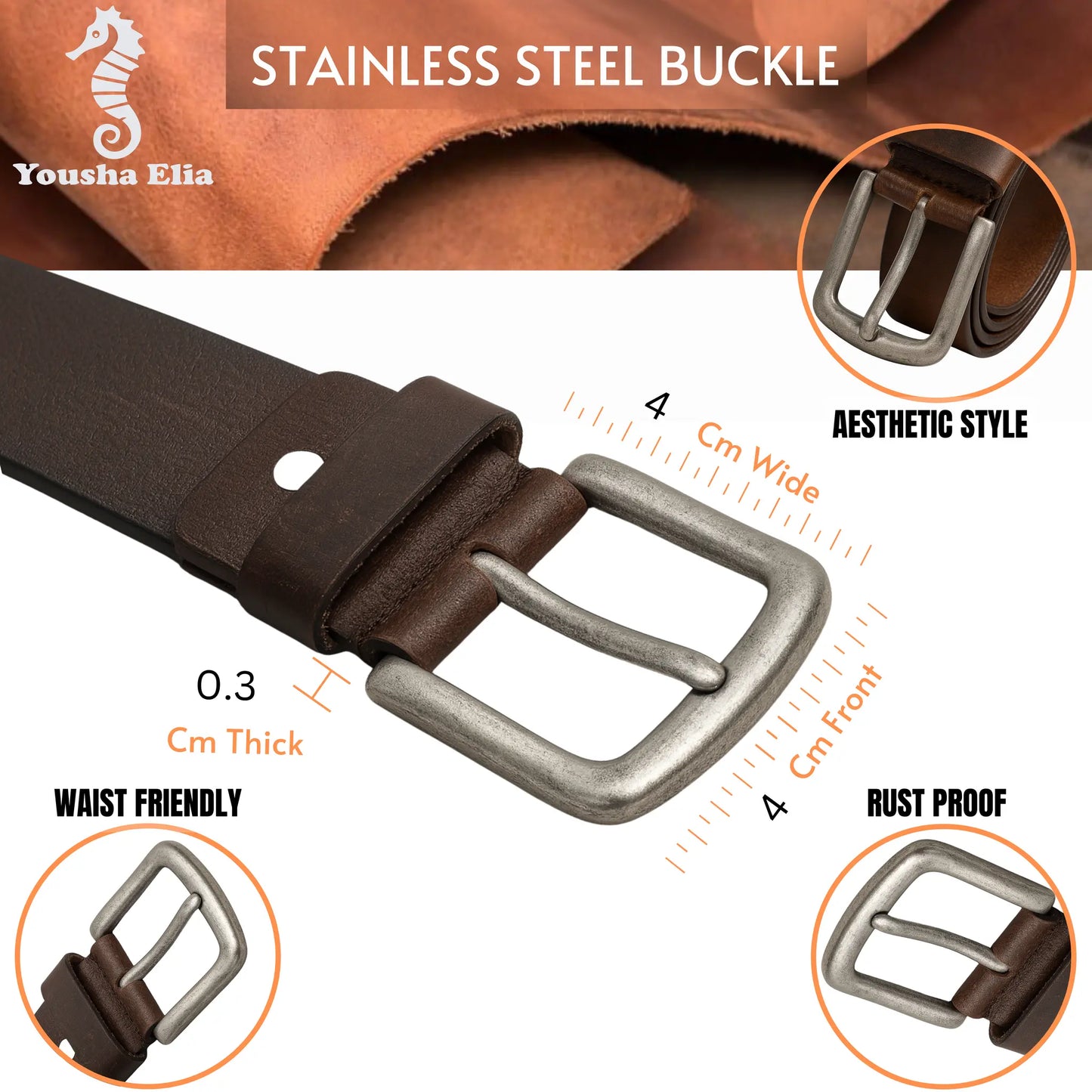 men's full grain brown leather belt for men with classic metal buckle