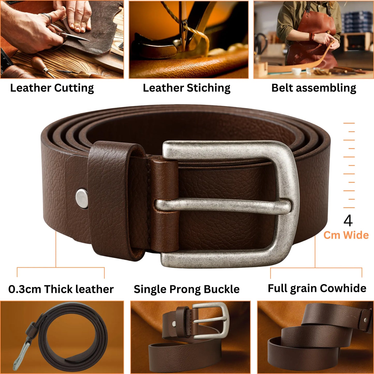 men's full grain brown leather belt for men with classic metal buckle