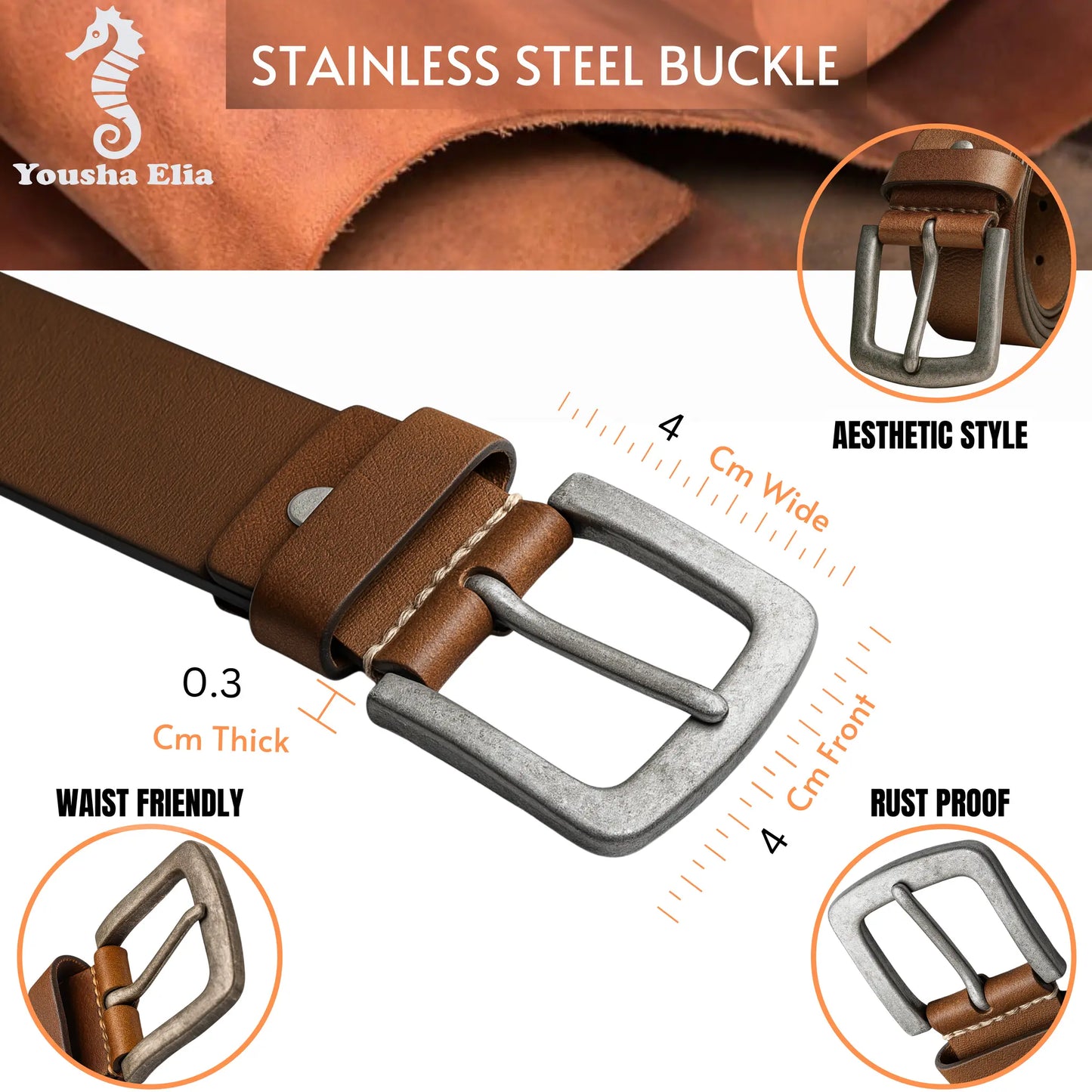 men's full grain brown leather belt for men with classic metal buckle
