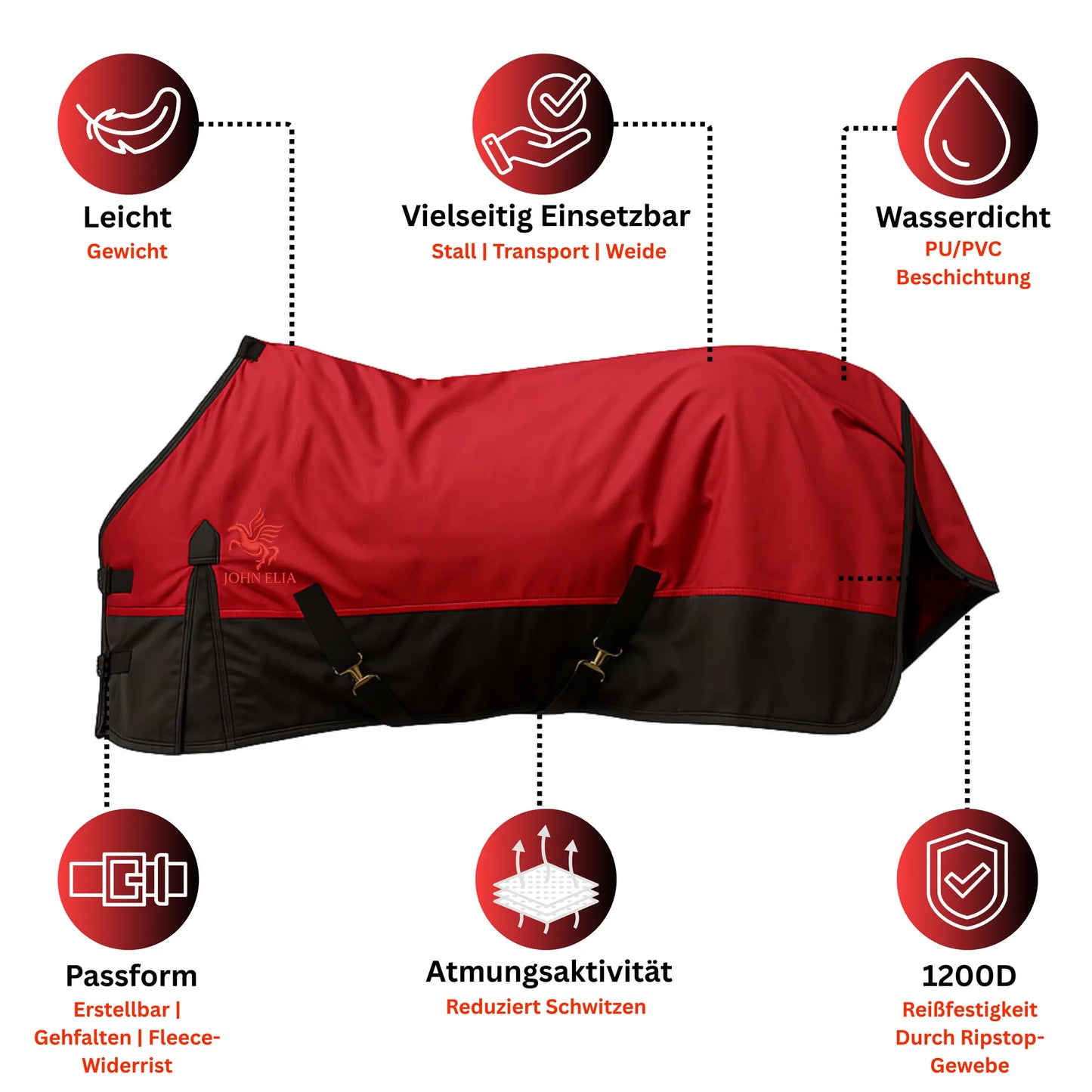 Horse Rug Waterproof 1200D - Winter Sweat Blanket - Red Black - Warm & Atmu