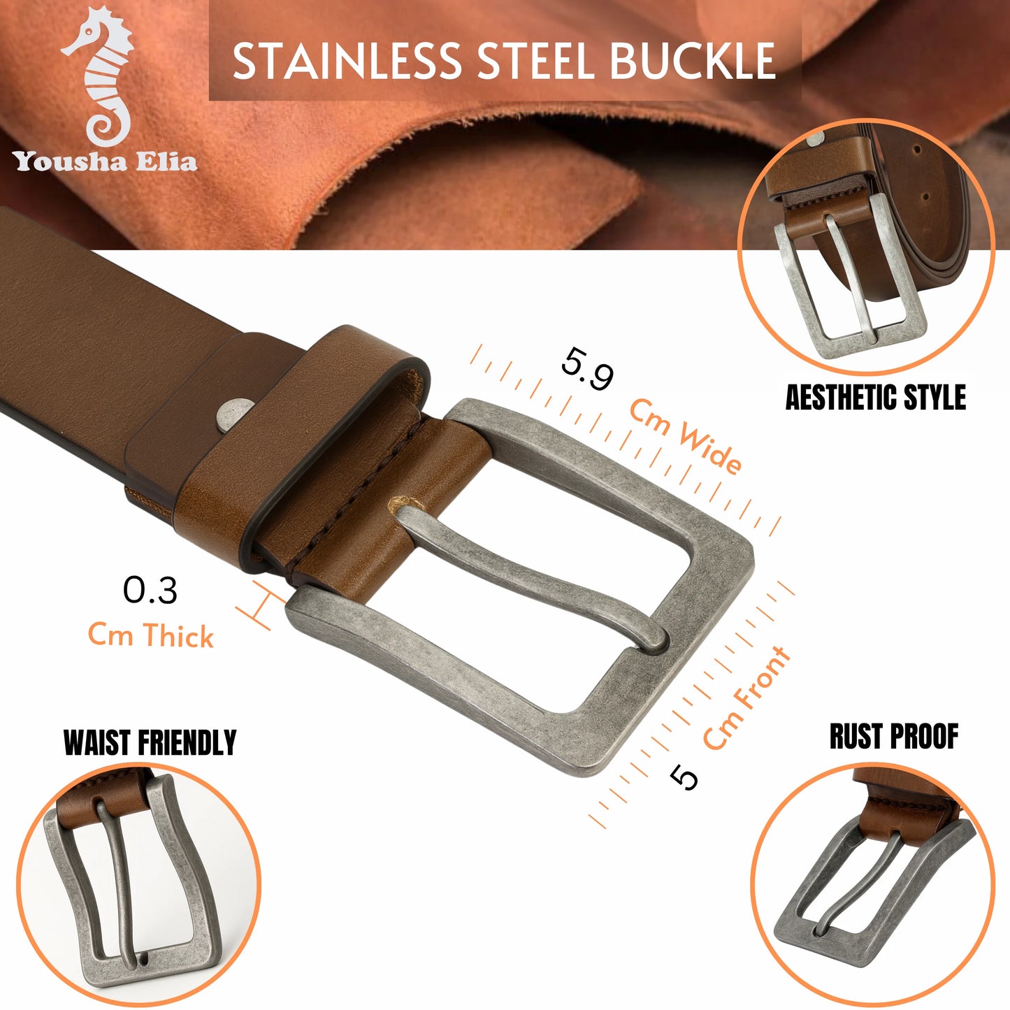 Yousha Elia Brown Full-Grain Leather Belt | Handmade | Double-Stitched