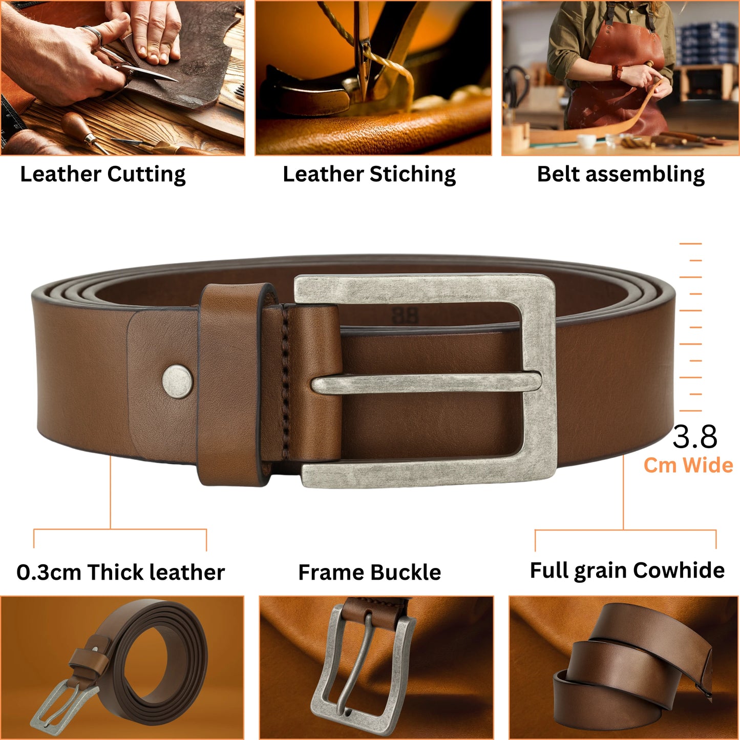 Yousha Elia Brown Full-Grain Leather Belt | Handmade | Double-Stitched