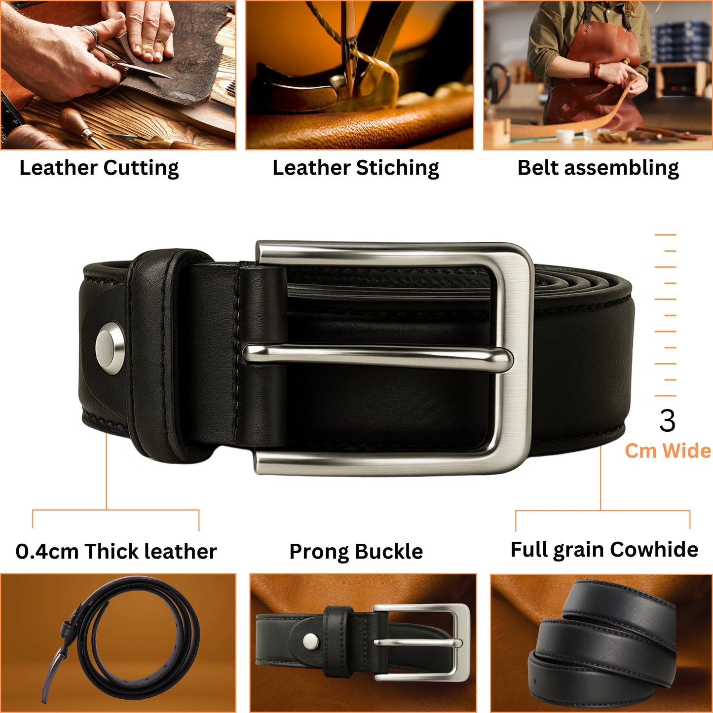 Men’s Full-Grain Leather Belt – Handmade – Black Yousha Elia