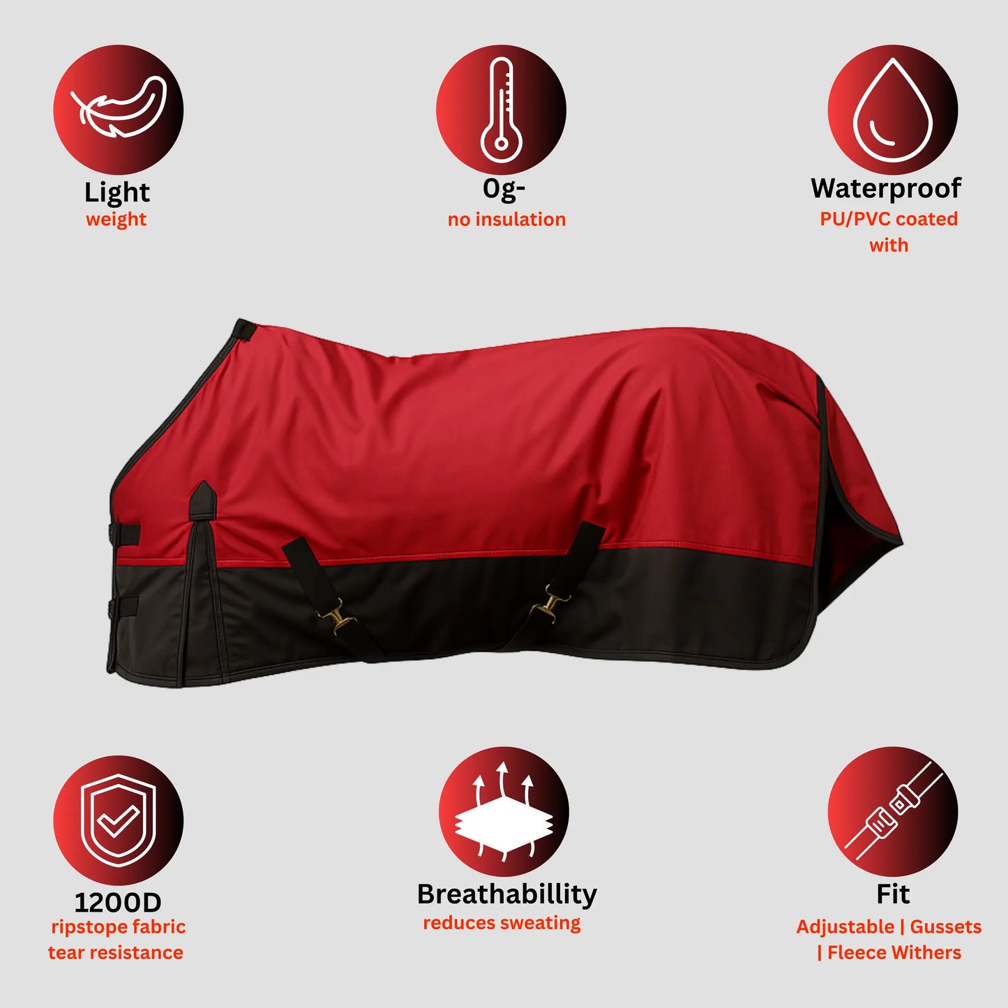 Horse Rug Waterproof 1200D - Winter Sweat Blanket - Red Black - Warm & Atmu