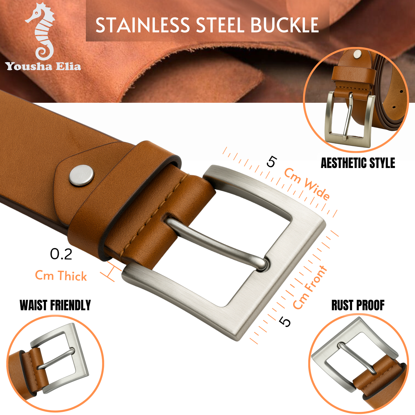 Yousha Elia Tan Full-Grain Leather Belt | Handmade | Pin Buckle