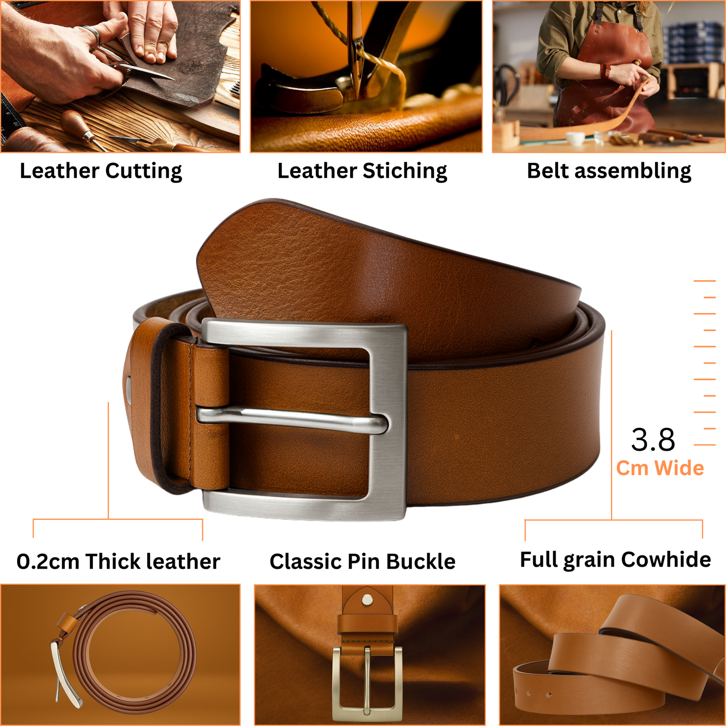 Yousha Elia Tan Full-Grain Leather Belt | Handmade | Pin Buckle