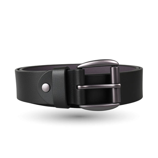 Black leather belt with a silver buckle on a white background
