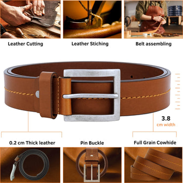 Brown leather belt with silver buckle, showing manufacturing process steps on a white background.
