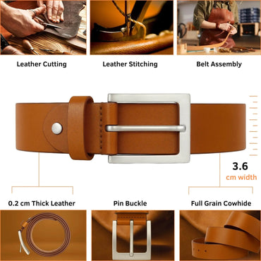 Brown leather belt with silver buckle, shown with assembly steps and product details.