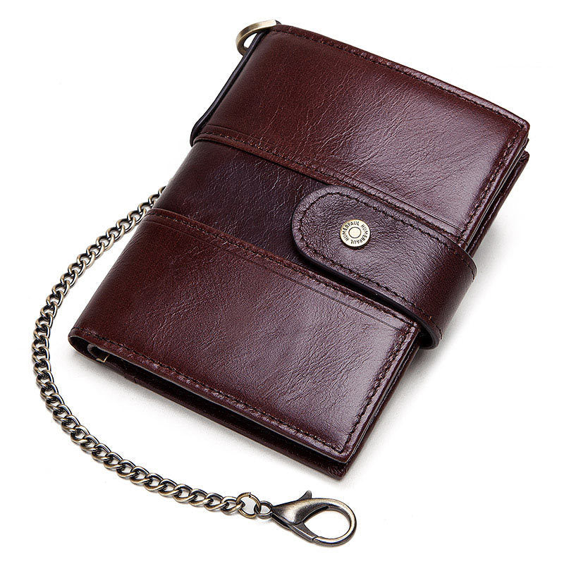 Brown leather wallet with a chain on a white background