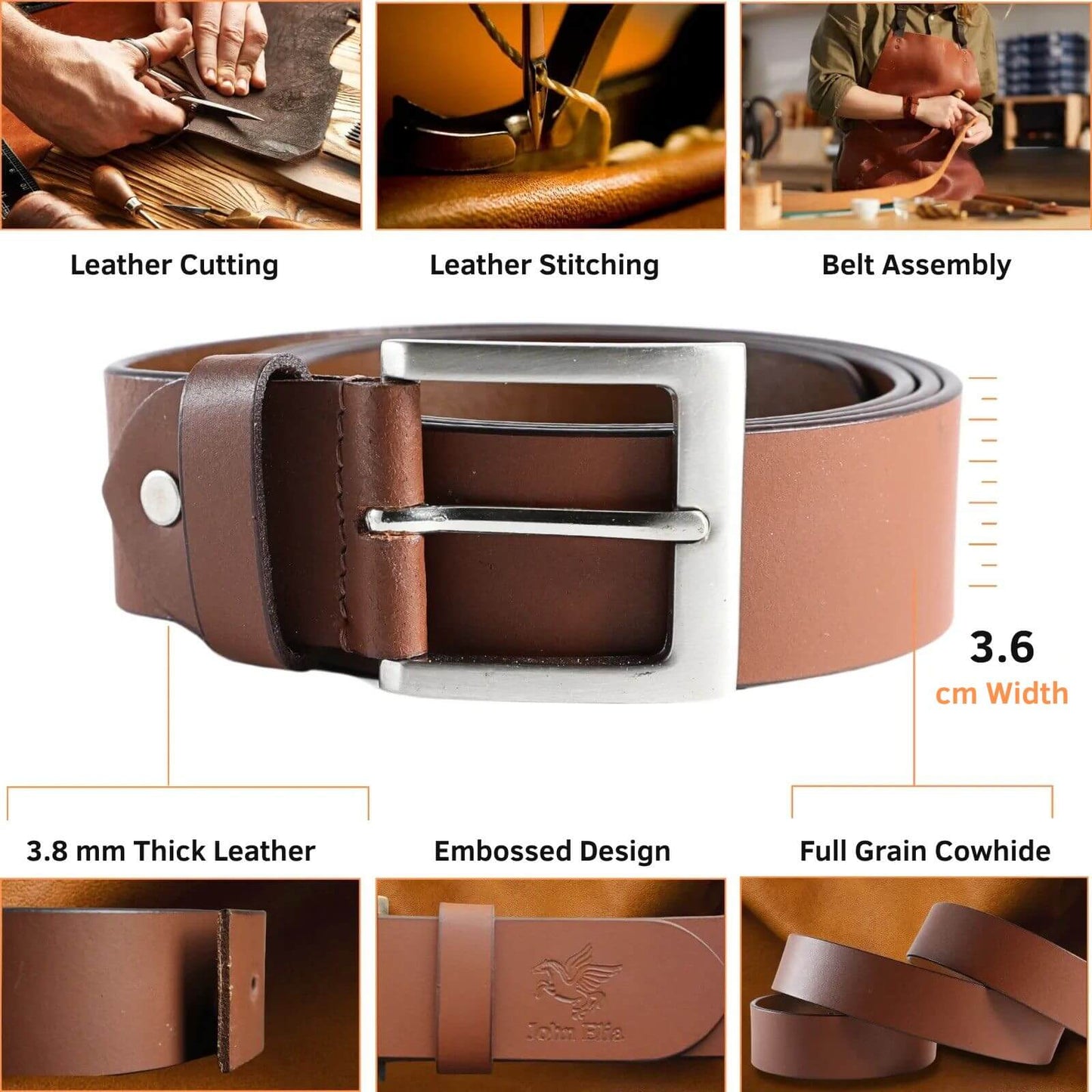 Brown leather belt with silver buckle, shown in various stages of production and features.