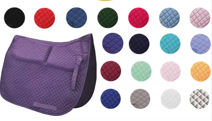Purple quilted saddle pad with color swatches on a white background