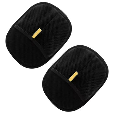 Two black mesh car seat cushions with gold accents on a white background