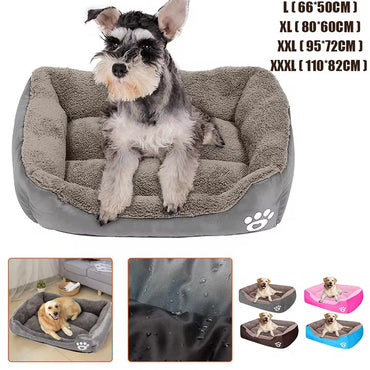 Dog sitting on a gray pet bed with size chart and additional images of the bed.
