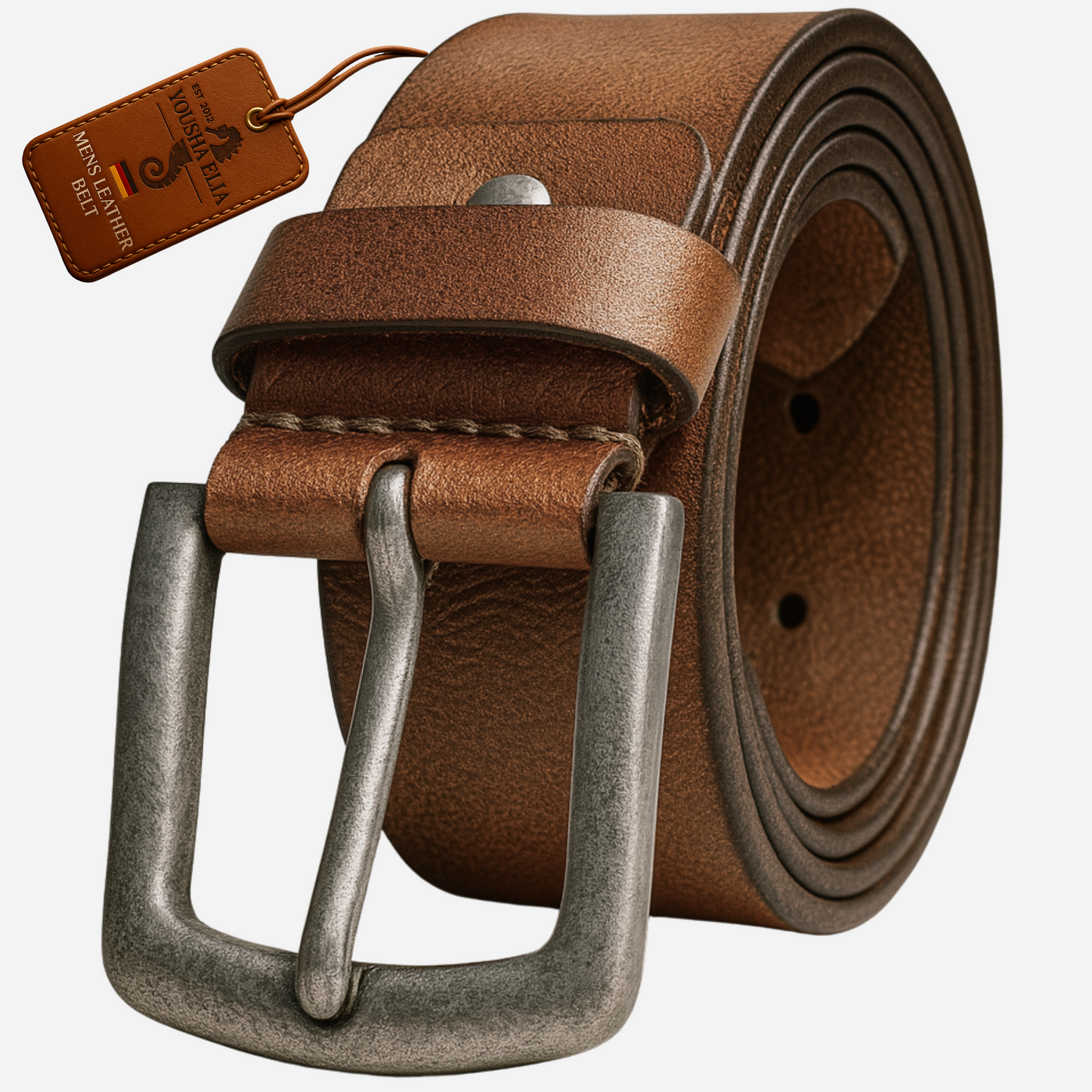 men's full grain brown leather belt for men with classic metal buckle