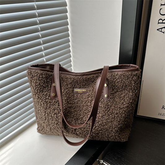 coffee plush tote shoulder bag with matching shoulder straps