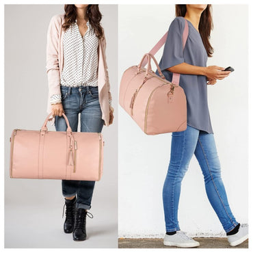 Foldable garment travel bag shown as handheld and shoulder carry bag