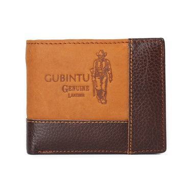 Front view of GUBINTU genuine leather men's wallet in brown and tan with cowboy design and embossed logo.