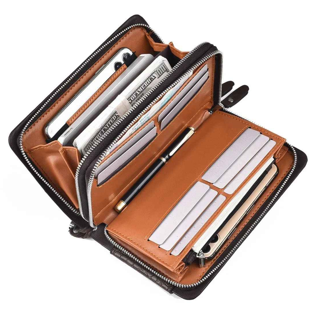 Open double zip wallet showing multiple card slots and compartments