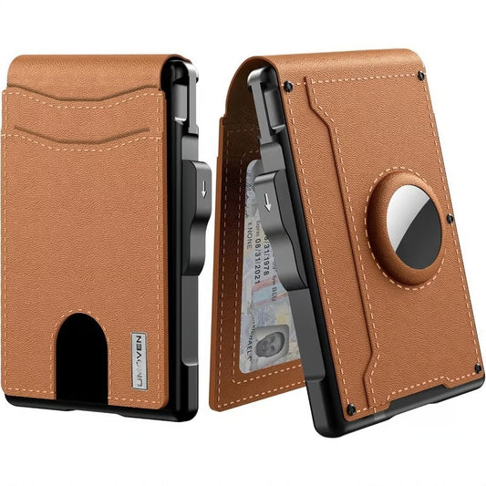 Brown pop-up bifold wallet with aluminum frame and AirTag slot.