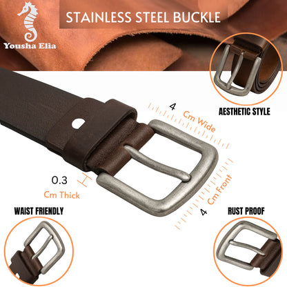men's full grain brown leather belt for men with classic metal buckle