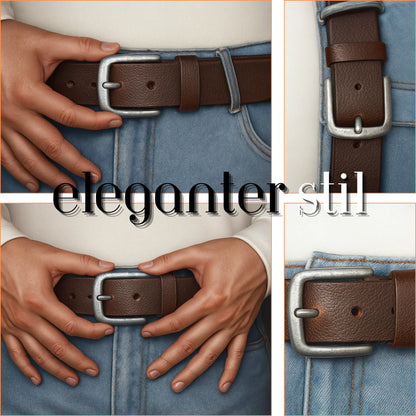 men's full grain brown leather belt for men with classic metal buckle
