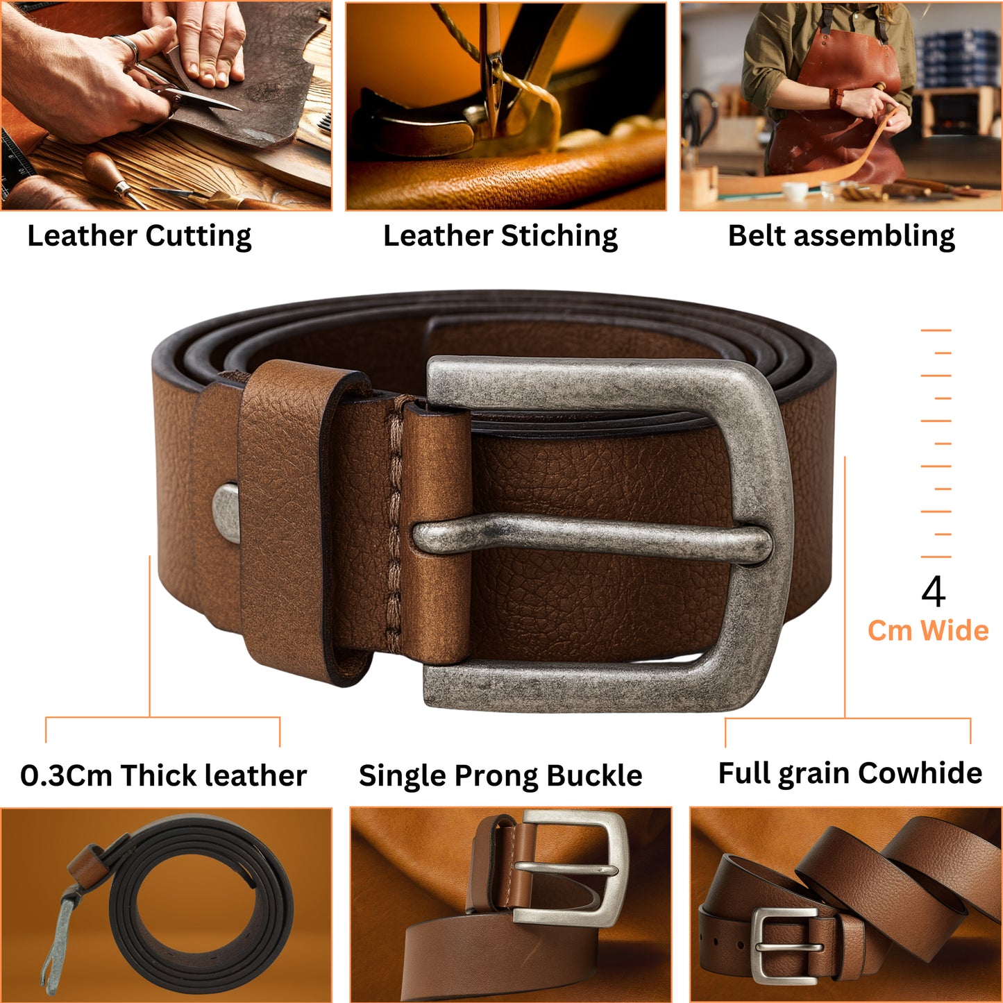 men's full grain brown leather belt for men with classic metal buckle
