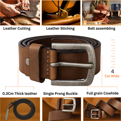 men's full grain brown leather belt for men with classic metal buckle