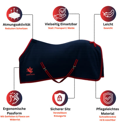 Fleece hestetæppe – Åndbart og let – Lukket bryst foran – Krydsede mavestropper – Ergonomisk pasform – Hurtigtørrende og vaskbar – 165–205 cm – Marineblå
