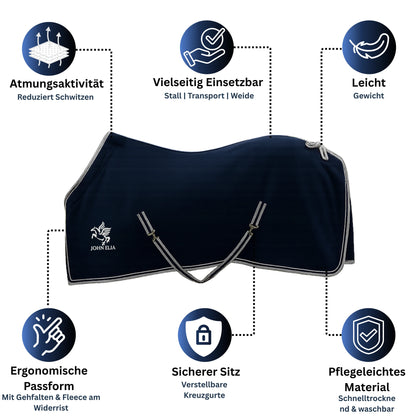 Fleece hestetæppe – Åndbart og let – Lukket bryst foran – Krydsede mavestropper – Ergonomisk pasform – Hurtigtørrende og vaskbar – 165–205 cm – Marineblå