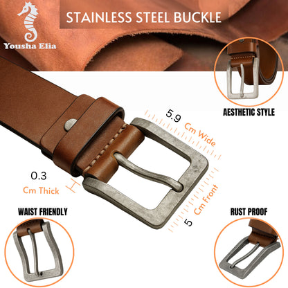 Yousha Elia Men's Full-Grain Leather Belt | Handmade | Double-Stitched | Brown