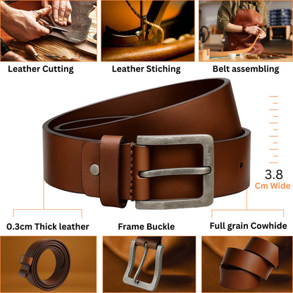 Yousha Elia Men's Full-Grain Leather Belt | Handmade | Double-Stitched | Brown