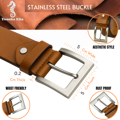 Yousha Elia Tan Full-Grain Leather Belt to Men – Håndlavet, Klassisk Nålespænde, 3,8 cm Bred, Rustfrit Stål – Elegant &amp; Afslappet Stil