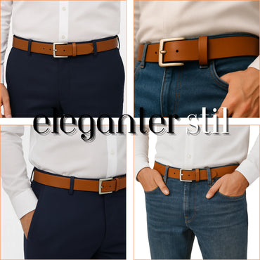 Two views of a person wearing a brown belt with a white shirt and dark pants.
