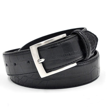 Black crocodile-patterned belt with a silver buckle on a white background