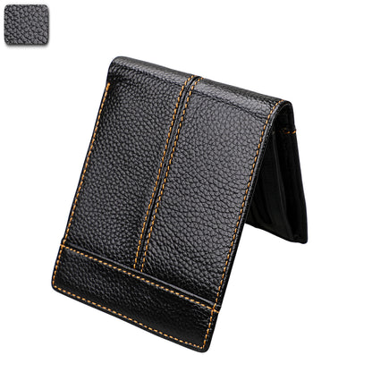 Black leather wallet with visible stitching on a white background