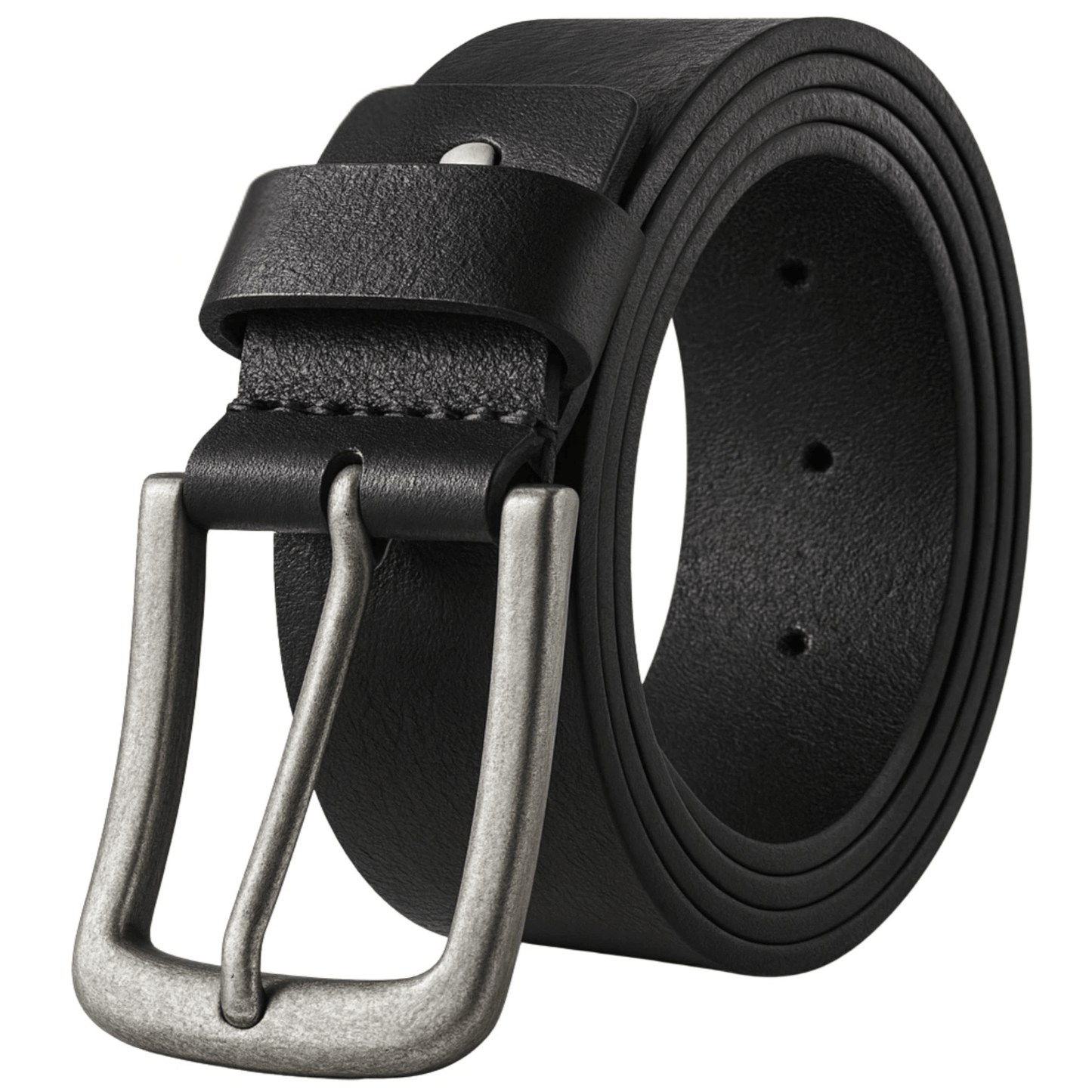 Black leather belt with a silver buckle on a white background