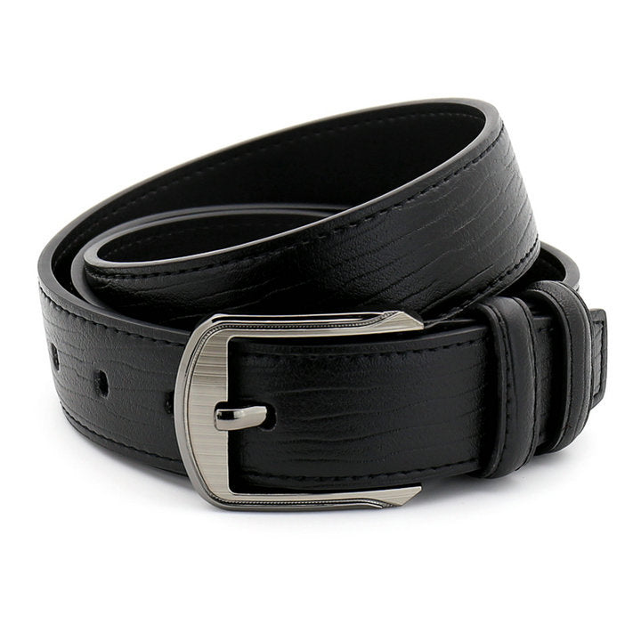Black leather belt with a silver buckle on a white background