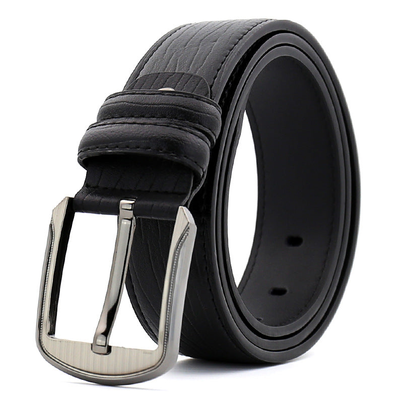 Black leather belt with a silver buckle on a white background