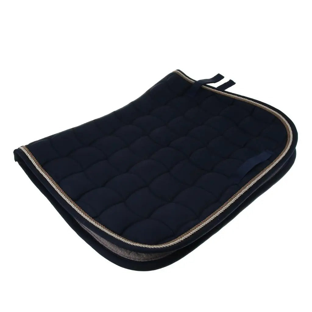 Black quilted saddle pad with a brown border on a white background