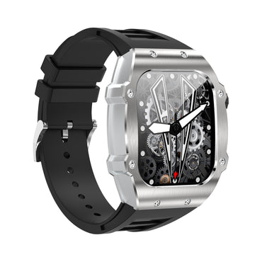 Watch with black strap and silver case on a white background