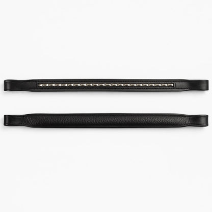 Black leather browband hardware on a white background