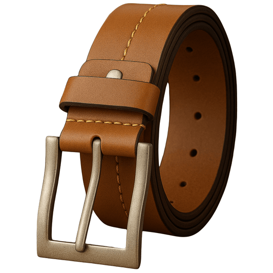Brown leather belt with a silver buckle on a white background