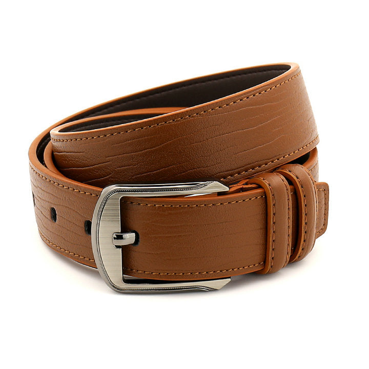 Brown leather belt with a silver buckle on a white background