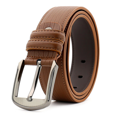 Brown leather belt with silver buckle on a white background